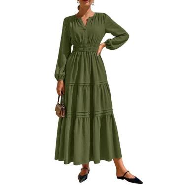 Imagem de Vestido PRETTYGARDEN 2025 Maxi Manga Longa Decote V Verde Militar XXL