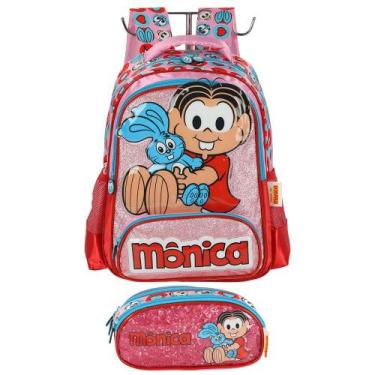Imagem de Kit Mochila De Costas Estojo Triplo Mônica Magali Escolar, Rosa