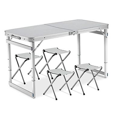 Imagem de GQYYS Mesa dobrável portátil ajustável para uso ao ar livre, com conjunto de 4 cadeiras, mesa de acampamento, mesa de jantar ajustável para ambientes internos e externos, com alça portátil para piquenique, acampamento, churrasco