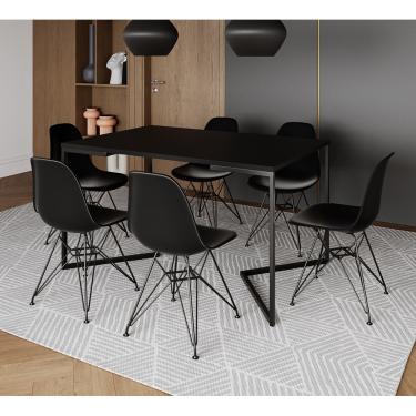 Imagem de Mesa Industrial Jantar Retangular 137x90cm Preta Base V com 6 Cadeiras Eames Eiffel Pretas Ferro Pre