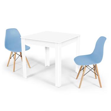 Imagem de Conjunto Mesa de Jantar Quadrada Sofia Branca 80x80cm com 2 Cadeiras Eames Eiffel - Azul Claro