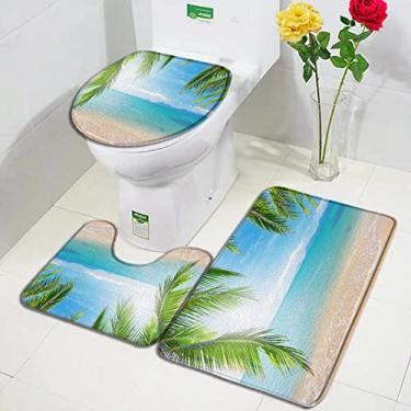 Imagem de Conjuntos de tapetes de banho de praia de folhas de palmeiras oceano mar onda paisagem natureza tapetes de porta de banheiro decoração antiderrapante tapete de capa de vaso sanitário, 2479zy, conjunto de 3 peças, 60x40cm, 23.6x15.7in