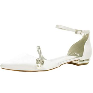 Imagem de Sapato feminino bico fino D-Orsay Rhinstones pérola sem salto baixo, Marfim, 8.5