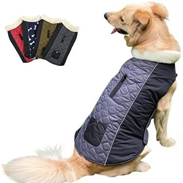 Imagem de Foern Jaqueta reversível para cães, casaco quente com alças ajustáveis à prova d'água refletivas com zíper, roupas para cães pequenos, médios e grandes, cinza, GGGG: 81,5