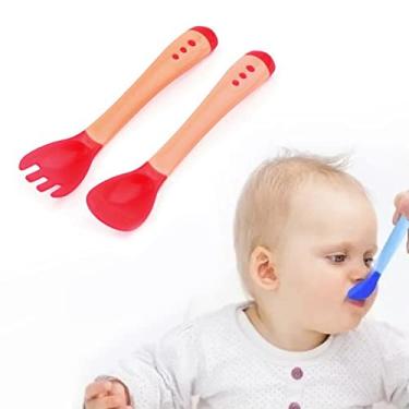 Imagem de Jogo De Talher Infantil Colher Garfo Para Bebe Térmica Silicone Sensível (Vermelho)