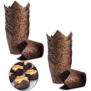 Imagem de Forro de cupcake de tulipa marrom Cooyeah 200 peças impresso dourado forro de muffin natural para assar copos para aniversário, casamento, festa