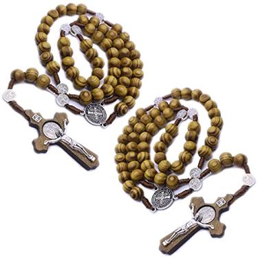 Imagem de CHENGXIN Colar católico com cruz de rosário de madeira, 2 peças, presentes de oração religiosa feitos à mão com pingente de crucifixo, medalha de São Bento, com bolsa de veludo