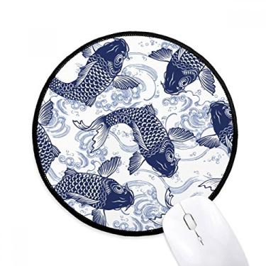 Imagem de Tapete de mouse japonês padrão azul onda carpa tapete redondo para computador