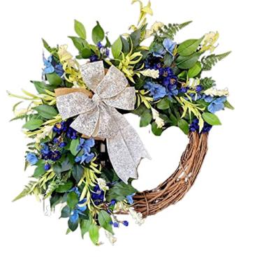 Imagem de CHLOVEPP Grinalda de Páscoa azul artificial, flores de primavera de 39 cm com folhas verdes para decoração de casa, casamento, parede