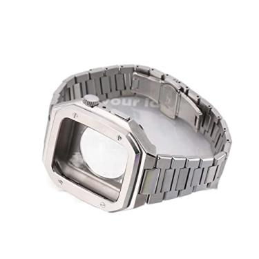 Imagem de MAALYA Pulseira de aço inoxidável para Apple Watch Band 44mm Metal Watch Case Modificação Nobre Pulseira de Metal com Capa para iWatch 45mm SE 7 6 (Cor: Prata, Tamanho: 44MM)