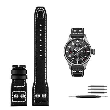 Imagem de CYSUE Rebites de couro genuíno pulseira de relógio para IWC Big Pilot Spitfire fivela dobrável de couro de vaca relógio pulseira masculina 21mm 22mm (cor: preto sem calsp, tamanho: 21mm)