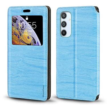 Imagem de Capa para Samsung Galaxy A54 5G, capa de couro de grão de madeira com porta-cartão e janela, capa flip magnética para Samsung Galaxy Quantum 4 5G (6,4 polegadas) azul celeste