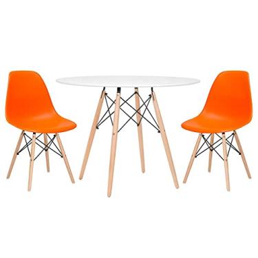 Imagem de Loft7, Kit - Mesa redonda Eames 100 cm branco + 2 cadeiras Eiffel Dsw Laranja