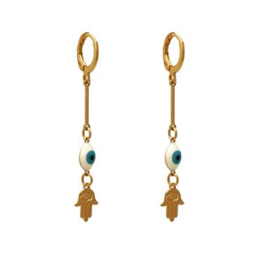 Imagem de Brinco Argola Fechada com Pingente de Olho Grego e Mão de Fátima Folheado em Ouro 18K Softjoias