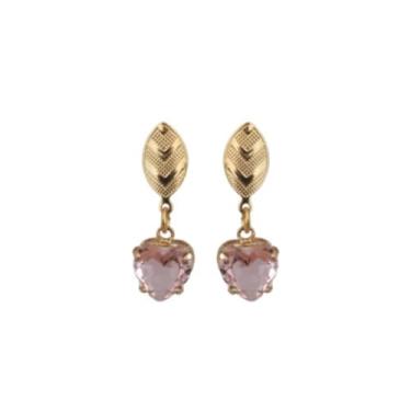 Imagem de Brinco Pingente Coração Pedra de Cristal Folheado Ouro 18k Antialérgico (Rosa Bebê)
