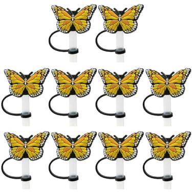 Imagem de 10 peças de capas de palha de silicone animal tampa padrão borboleta topos de palha para beber plugues de palha para canudos reutilizáveis acessórios de palha de borboleta capas de palha coloridas fáceis de limpar tampas de palha