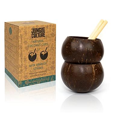 Imagem de Jungle Culture® Copos de casca de coco real para coquetéis e vitaminas Malibu • Pequenas tigelas de coco e canudos de bambu • Copo de madeira natural • Canecas sem desperdício • Copos de bebida para festa • Presentes sustentáveis
