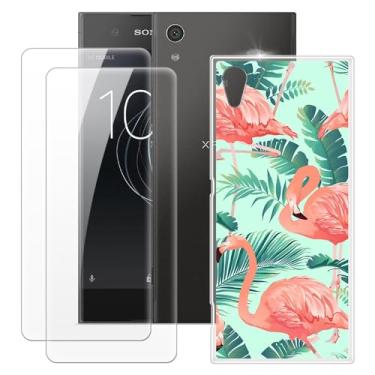 Imagem de MILEGOO Capa para Sony Xperia XA1 + 2 peças protetoras de tela de vidro temperado, capa de TPU de silicone macio à prova de choque para Sony Xperia XA1 Dual (5 polegadas) Flamingo