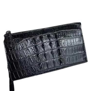 Imagem de Bolsa de mão masculina com pele de crocodilo exótica verdadeira e preta pequena porta-cartões postal couro jacaré genuíno bolsa de pulso masculina, Preto