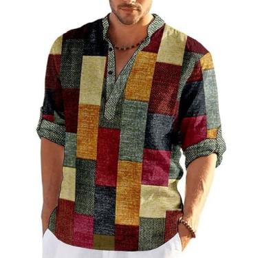 Imagem de Camisa masculina vintage patchwork estampa colorida bloco manga comprida camisa casual hippie esportes praia tops blusa (Color : Red, Size : S)