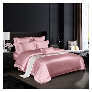 Imagem de Conjunto de capa de edredom de algodão jacquard queen king size conjunto de cama de algodão puro lençol macio (rosa king size 6 peças)