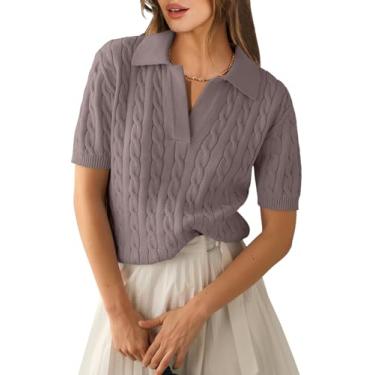 Imagem de ANRABESS Suéter feminino de manga curta polo gola V tricô casual macio pulôver camisa 2024 primavera Qutfits, Damasco vermelho, M