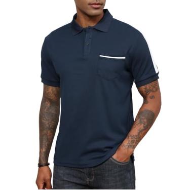 Imagem de Lexiart Camisa polo masculina atlética de golfe manga curta para treino com absorção de umidade com bolso, Azul marinho, M