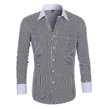 Imagem de Camisa social masculina sem rugas, listrada, manga comprida, formal, gola lapela, abotoada, Cinza, M