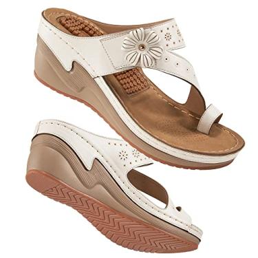 Imagem de Sandália feminina anabela chinelo com suporte de arco verão confortável plataforma boêmia sapatos baixos função de massagem sandália tanga casual, W - bege, 4.5