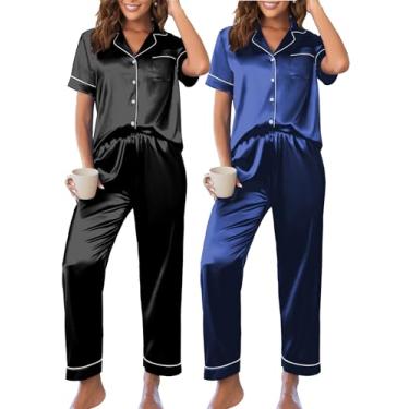Imagem de Ekouaer Pacote com 2: Conjunto de pijama de cetim para mulheres, conjunto de pijama de manga curta, conjunto de pijama de seda e calça comprida, Preto + azul, P