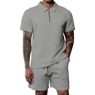 Imagem de Uni Clau Conjunto masculino de camisa polo e shorts, moda verão, casual, manga curta, conjunto de 2 peças, Cinza, 3G