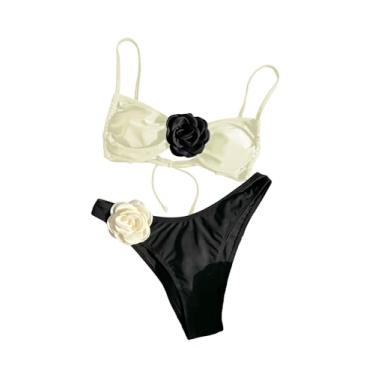 Imagem de OYOANGLE Biquíni feminino, 2 peças, rosa, 3D, alças finas, cintura alta, roupa de praia, Branco preto liso, G