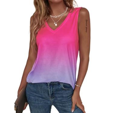 Imagem de Hilinker Camiseta regata feminina com gola V ombré, casual, básica, solta, sem mangas, Dégradé, rosa, roxo, G