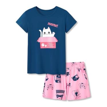 Imagem de Tebbis Lindo pijama de gato para meninas, camiseta e shorts de fibra modal, conjunto de pijama tamanho 6-18, Azul marinho e gato rosa (conjunto curto), 18
