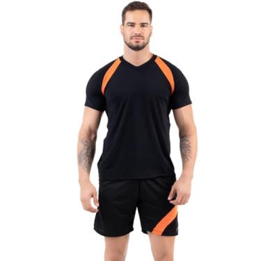 Imagem de Conjunto Masculino Camisa Slim Básica Dry Bermuda Com Ajuste (Preto Com Laranja, GG)