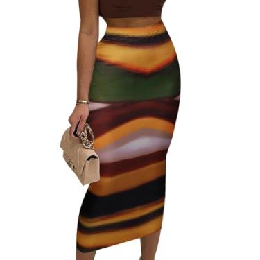 Imagem de Avanova Saia lápis feminina cintura alta Bodycon estampa vintage elegante saia midi, Multicolorido A, GG