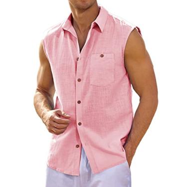 Imagem de Fommykin Camisa regata masculina de linho sem mangas, com botões, básica, lisa, colete com bolso, rosa, 3G