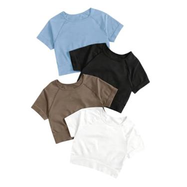 Imagem de MakeMeChic Pacote com 4 camisetas femininas cropped de manga curta para ioga e corrida, E multicolorido, M