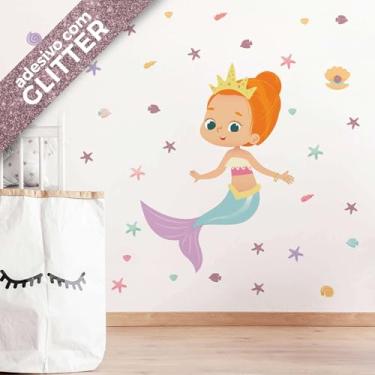 Imagem de Adesivo de Sereia Infantil Menina Cabelo Ruivo Preso Glitter
