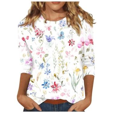 Imagem de Camisetas femininas de outono 2024 manga 3/4 camisetas de verão gola redonda túnica solta camiseta básica casual, Cinza, G