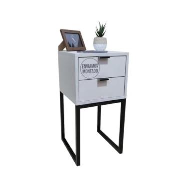 Imagem de Mesa De Cabeceira Industrial Eco 30cm com 2 Gavetas e Base De Ferro Para Quarto Lateral Da Cama Escritório (Base Preta / Preto, Off-White)