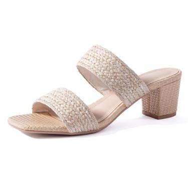 Imagem de N.N.G Sandálias femininas de salto trançado, nude, verão, grosso, quadrado, couro, confortável, com tiras, vestido casual, Trançado bege/palha, 38