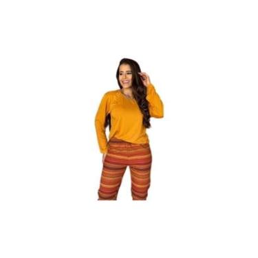 Imagem de Conjunto pijama feminino calça xadrez blusa manga longa lisa-Feminino