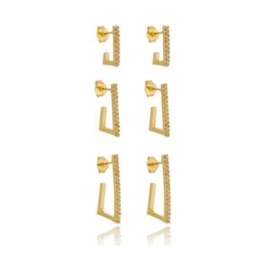 Imagem de Trio de Brinco Argola J Reta Zircônia Cristal Banhado a Ouro