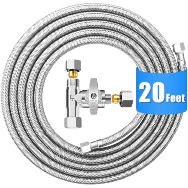 Imagem de Kit de linha de água de geladeira - Linha de água trançada de aço inoxidável premium de 20 pés com válvula de parada, linha de água para máquina de gelo de tubo interno PEX de grau alimentício com conexões de 1/4" para máquina de gelo