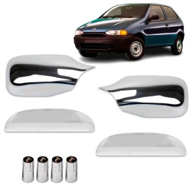 Imagem de Kit Apliques Cromados Maçanetas laterais + Aplique de retrovisores lados direito e esquerdo + 04 Tampas de Válvulas de pneu com emblema Cavalo Palio 2 Portas 1996 1997 1998 1999 2000