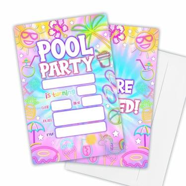 Imagem de Nuckxy Convites de aniversário para festa na piscina (10 x 15 cm), convites frente e verso de verão neon tie dye, meninos, meninas, convites de aniversário com envelopes, decoração de festa e