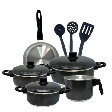 Imagem de Conjunto de Panelas 8 Peças Alumínio Preto Craquelado | Com Utensílios de Cozinha, Caçarolas com Tampa, Frigideira e Leiteira