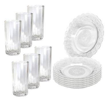 Imagem de Jogo 12 Peças Aparelho de Jantar 6 Pratos Fundo Liso Vidro + 6 Copos L