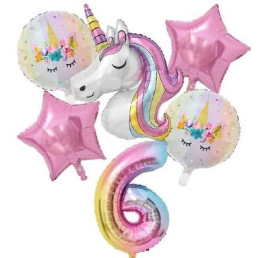 Imagem de Kit Balão Unicórnio 5 Anos Bexiga Número aniversário menina decoração 